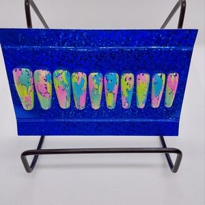 HAND PAINTED PRESS ON NAILS, LONG COFFIN, FOIL AND GEL, 20 NAILS